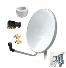 Pack Parabole 80cm HD blanc + quad LNB + câble coaxial 50m + 4x prise F en plaqué or